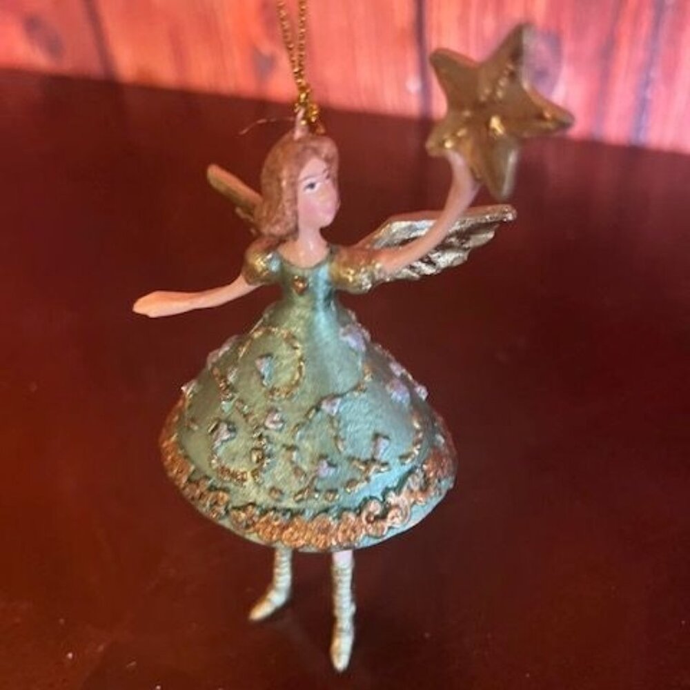 Gisela Graham Fairy Christmas Ornament With Star -‎ Green & Gold